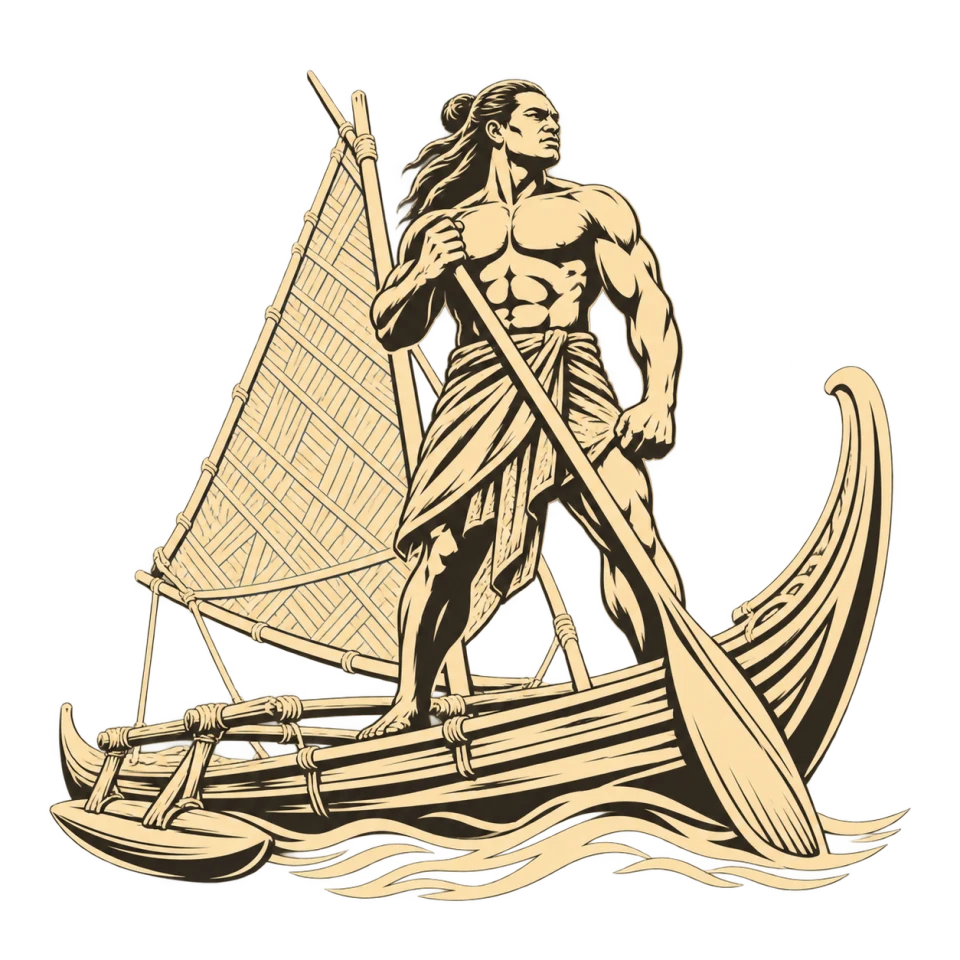 Woodcut emblem of a strong Auraka holding a paddle aboard a Polynesian outrigger canoe with a triangular sail.